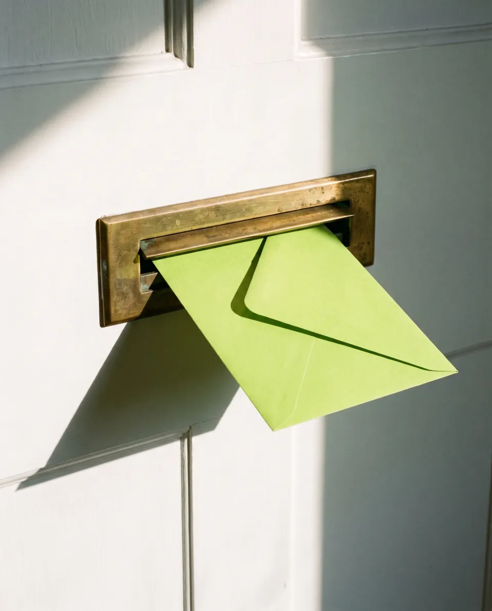 A lime envelope halfway through a brass mail slot in a white door